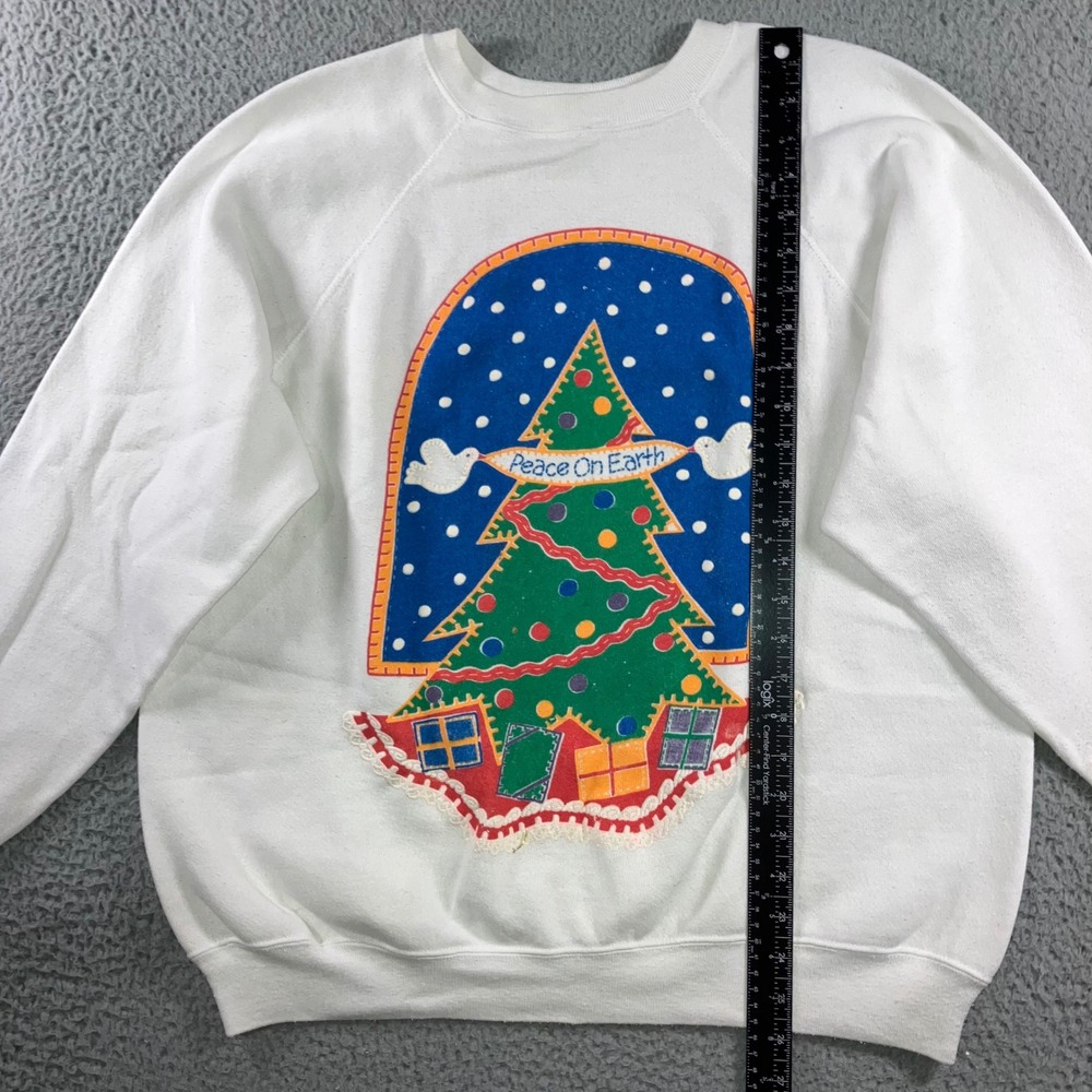 VTG Art By Design Zone Christmas Sweatshirt Womens XL White 80s Peace Tree - Picture 12 of 16